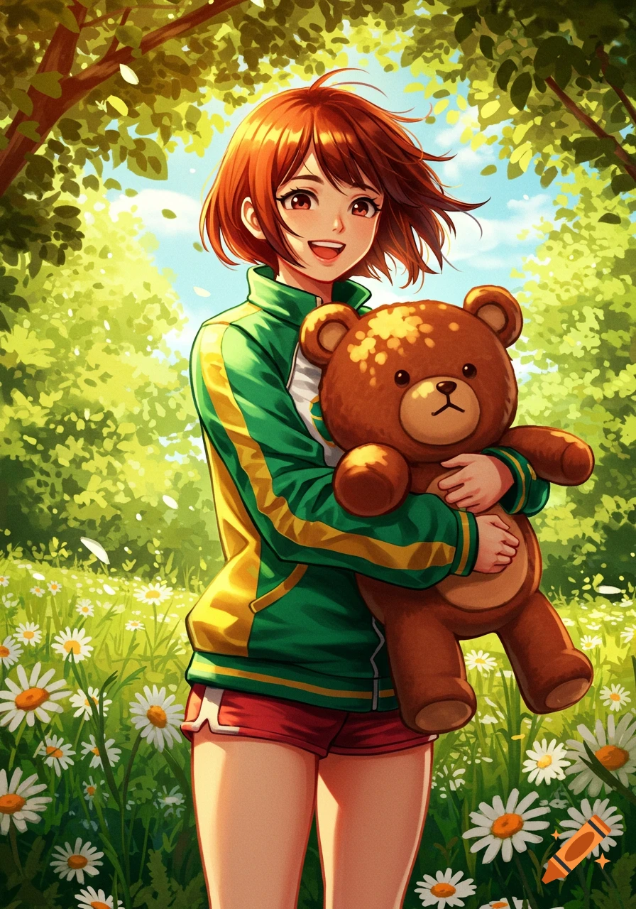 Anime girl with short red hair wearing a green and yellow jacket and red shorts, holding a brown teddy bear in a sunny field of daisies.