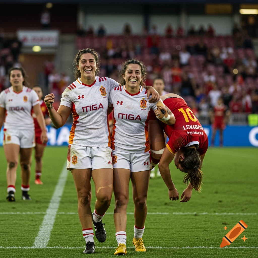 Three women rugby players on a field, two smiling and one being carried upside down, celebrating a victory.