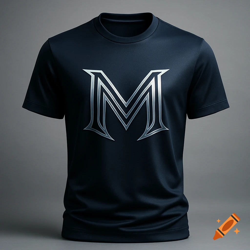 A dark blue t-shirt featuring a prominent metallic silver letter M logo on the chest, set against a plain grey background.