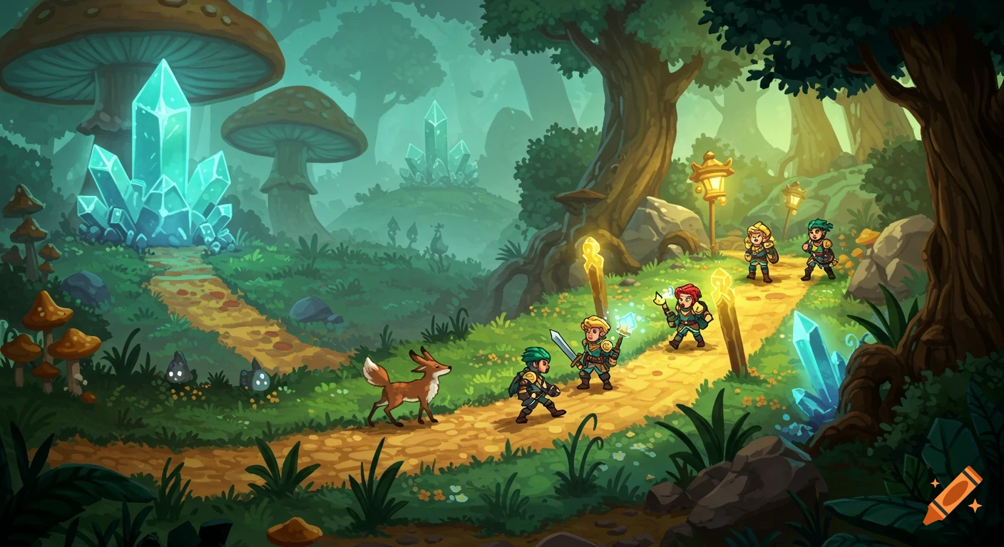 A colorful side-scrolling RPG scene with adventurers, a fox, and glowing crystals in a vibrant forest.