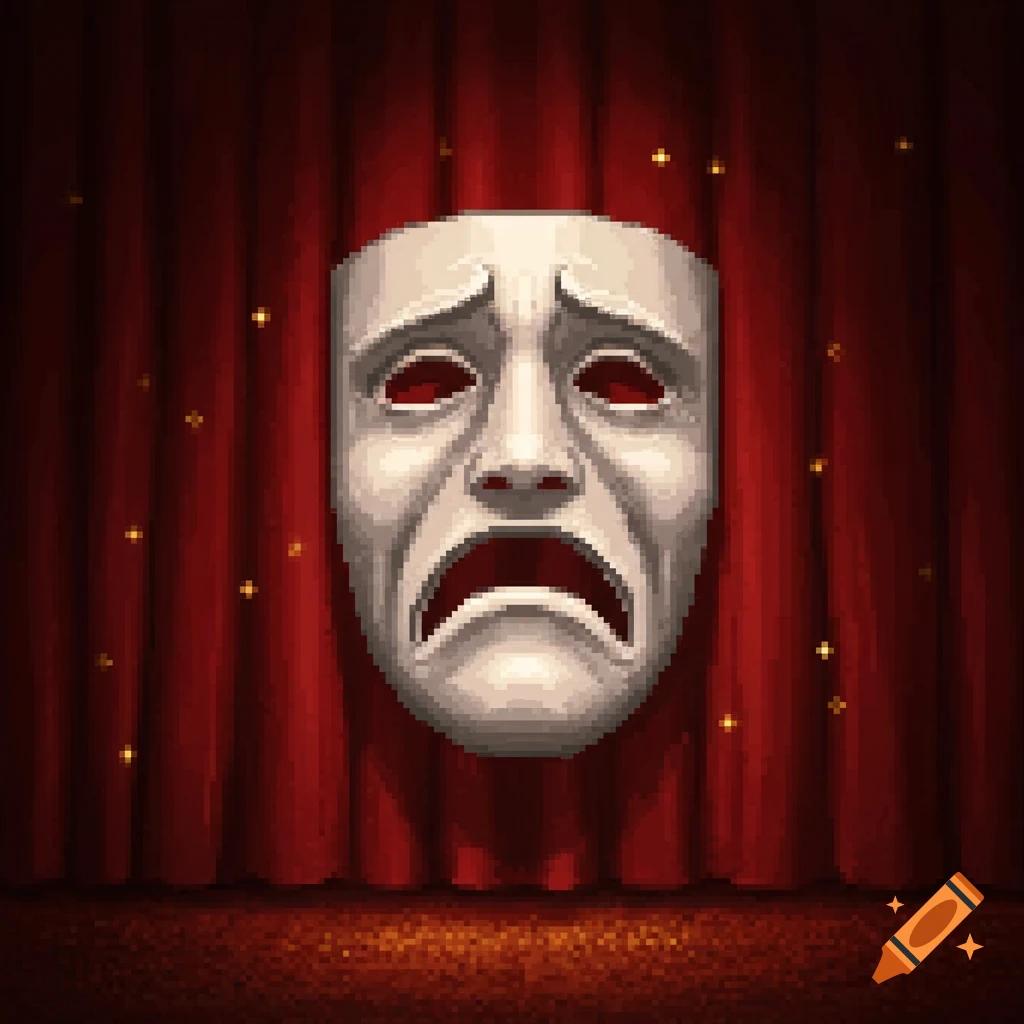 A pixel art sad theatre mask with red eyes centered on a red velvet stage curtain with golden flecks.