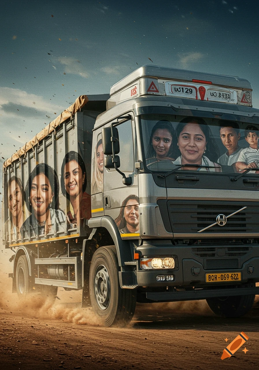 A gray truck drives on a dirt road, with many smiling faces of adults and children as a collage on its side and in its windows.
