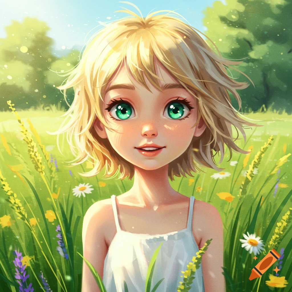 A cute anime girl with short blond hair and big green eyes smiles in a sunny field of wildflowers.