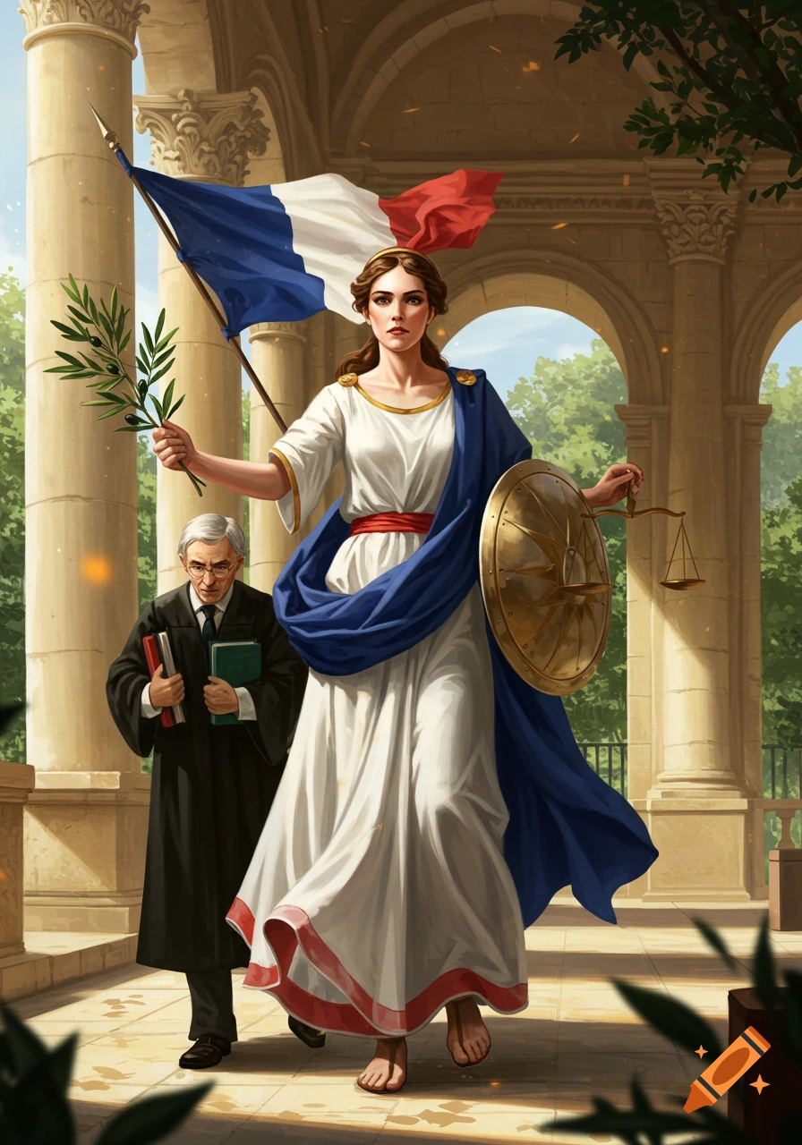 Marianne, representing France, with a flag and justice symbols, walks alongside a robed judge in a classical setting.