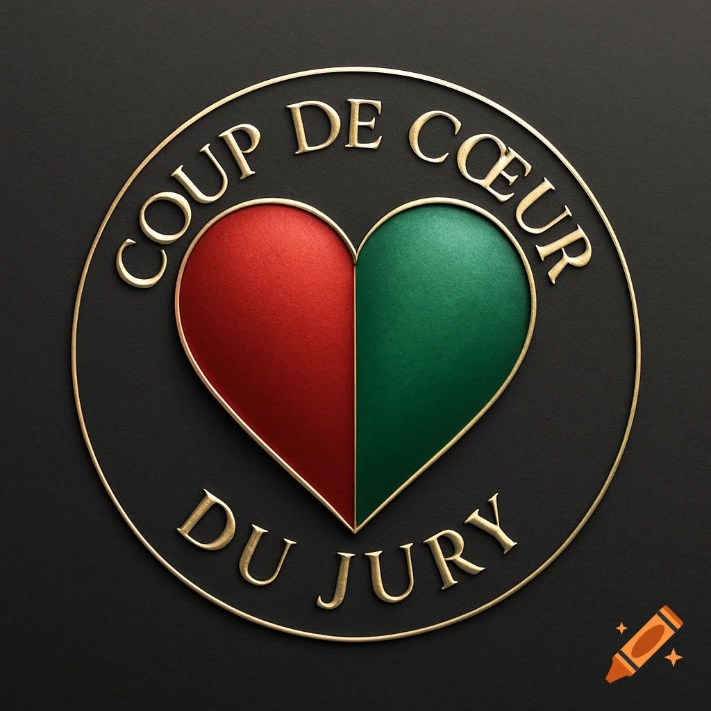 A golden circular logo featuring a red and green split heart with embossed text "COUP DE C R DU JURY" on a dark background.