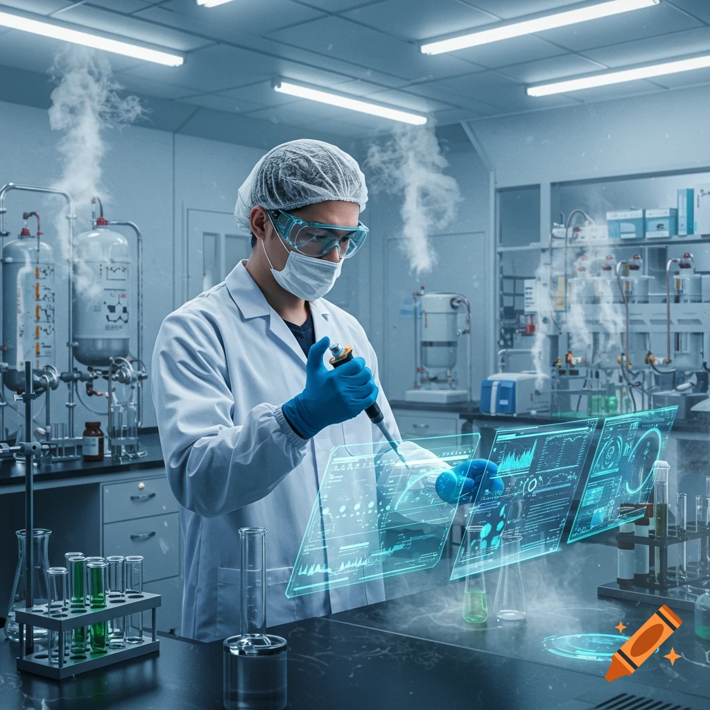 A scientist in a lab coat, mask, and goggles uses a pipette while interacting with glowing holographic screens in a futuristic laboratory setting.