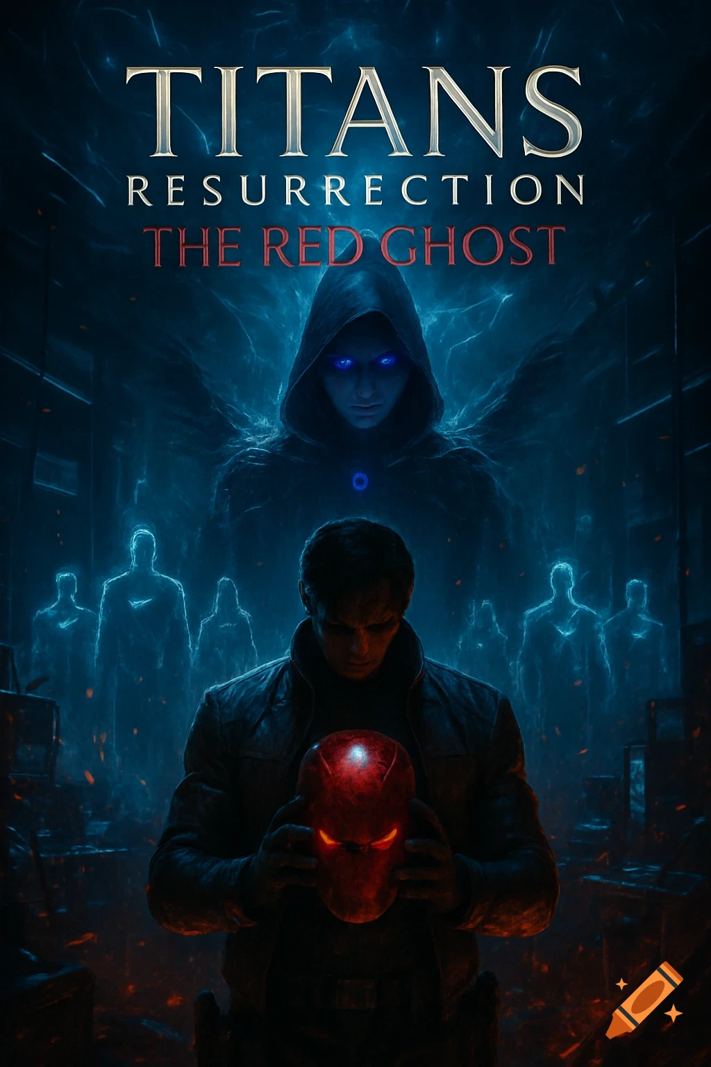 Dark cinematic poster of a man holding a glowing red helmet. A cloaked figure, ghostly silhouettes, and a sky breach are in the blue-toned background.