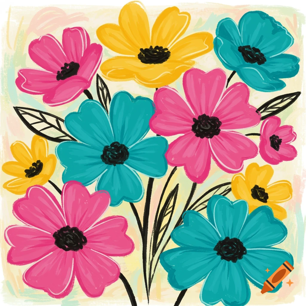 Vibrant abstract painting of pink, yellow, and blue flowers with black outlines and a textured background.