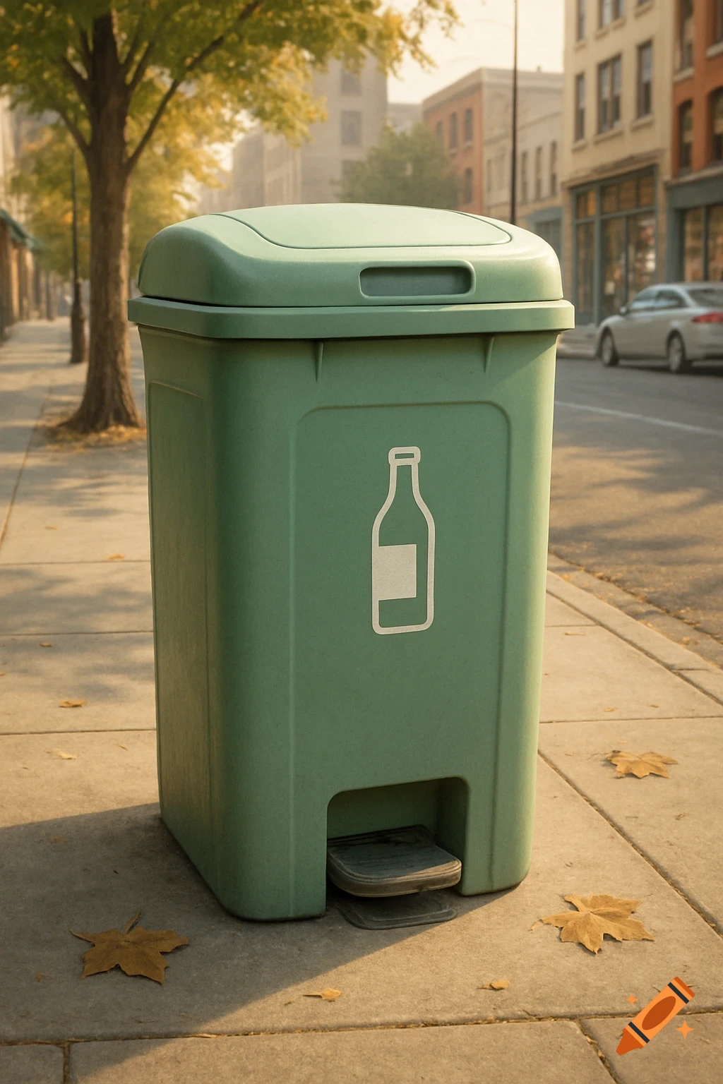 A light green, sealed outdoor trash can with a foot lever and a white glass bottle icon stands on a sunlit city sidewalk next to a street.