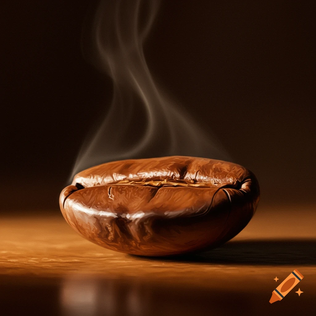 Close-up photorealistic image of a single steamy roasted coffee bean on a wooden surface.