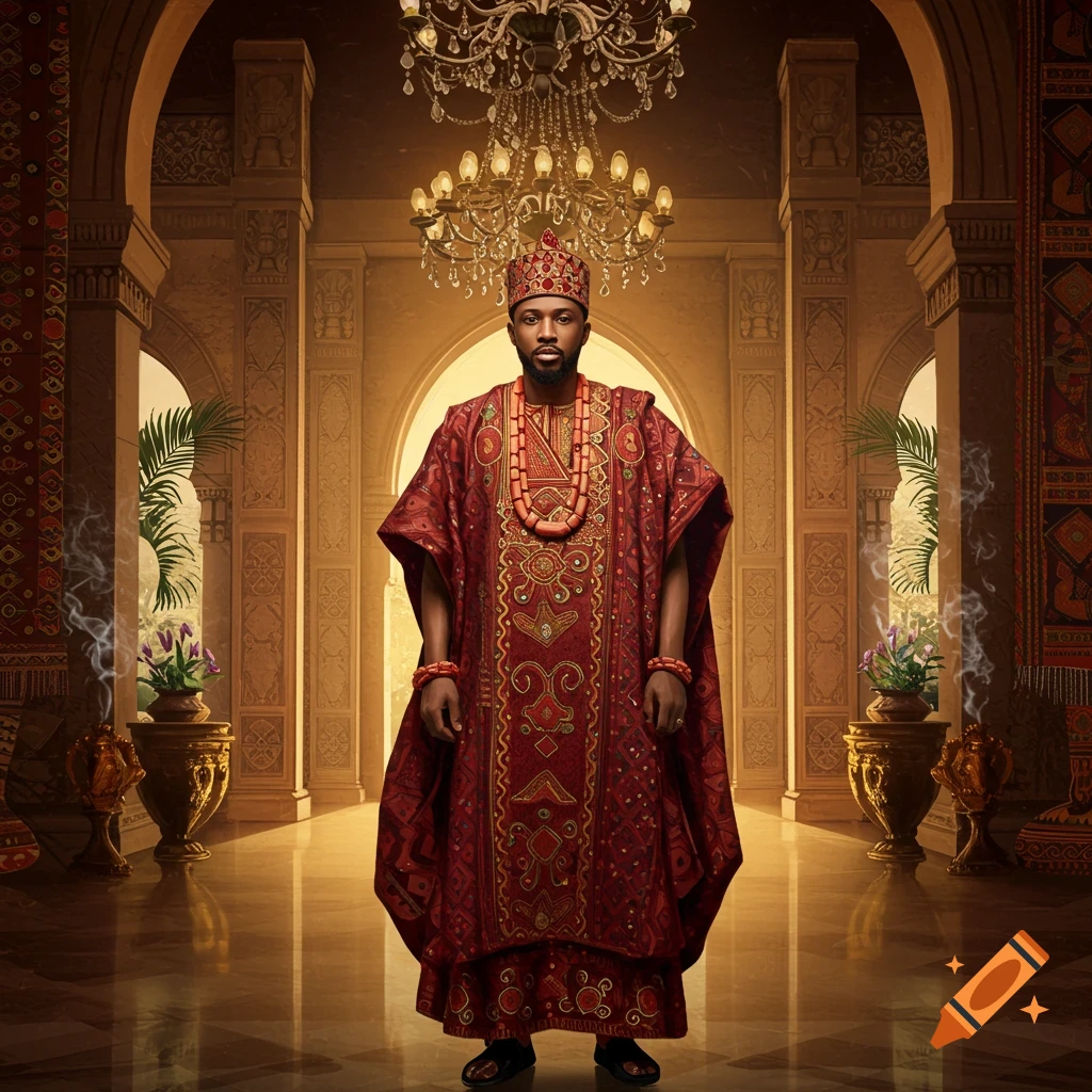 A man in ornate red traditional royal attire, crown, and beaded necklace stands in a grand, arched hall with a chandelier.