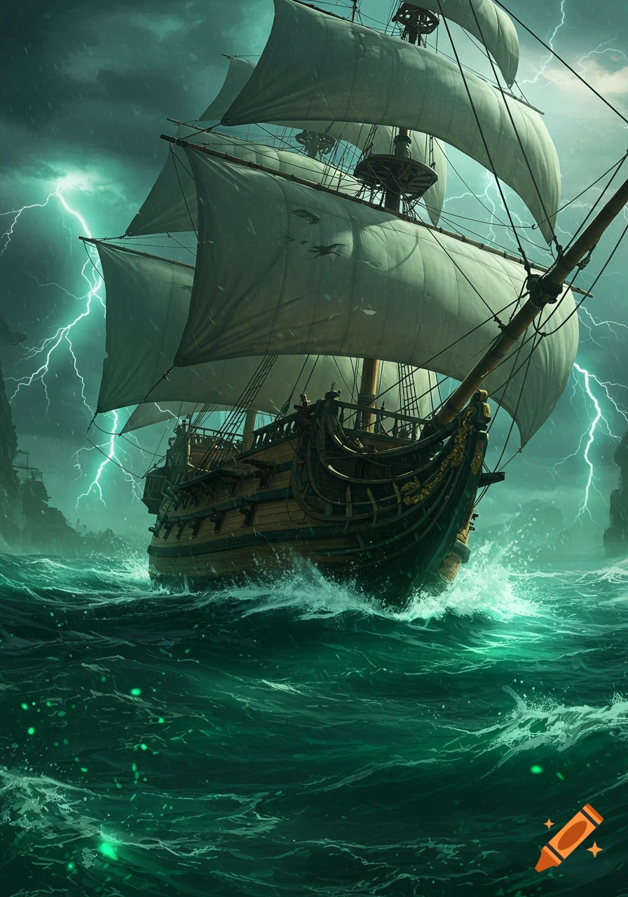 A pirate ship with full sails battles a fierce storm at sea, illuminated by green lightning.