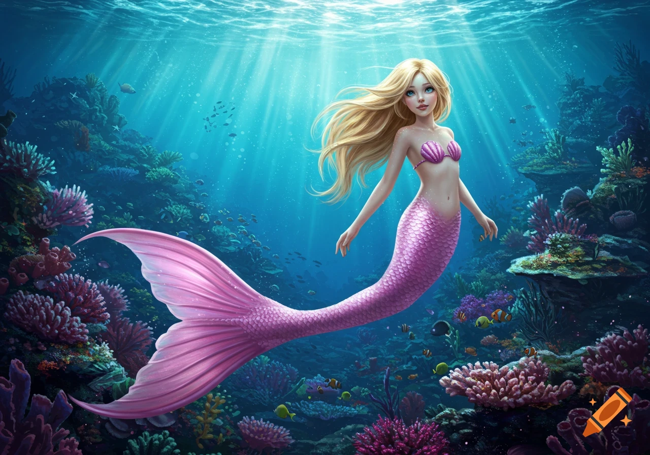 A blonde mermaid with a pink tail and shell top swims gracefully in a vibrant hyperrealistic coral reef with dappled sunlight.