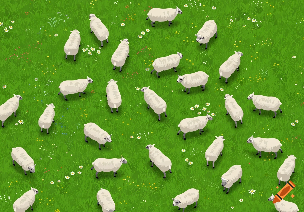 An isometric vector illustration from above shows many stylized sheep scattered across a vibrant green field with small white and yellow flowers.