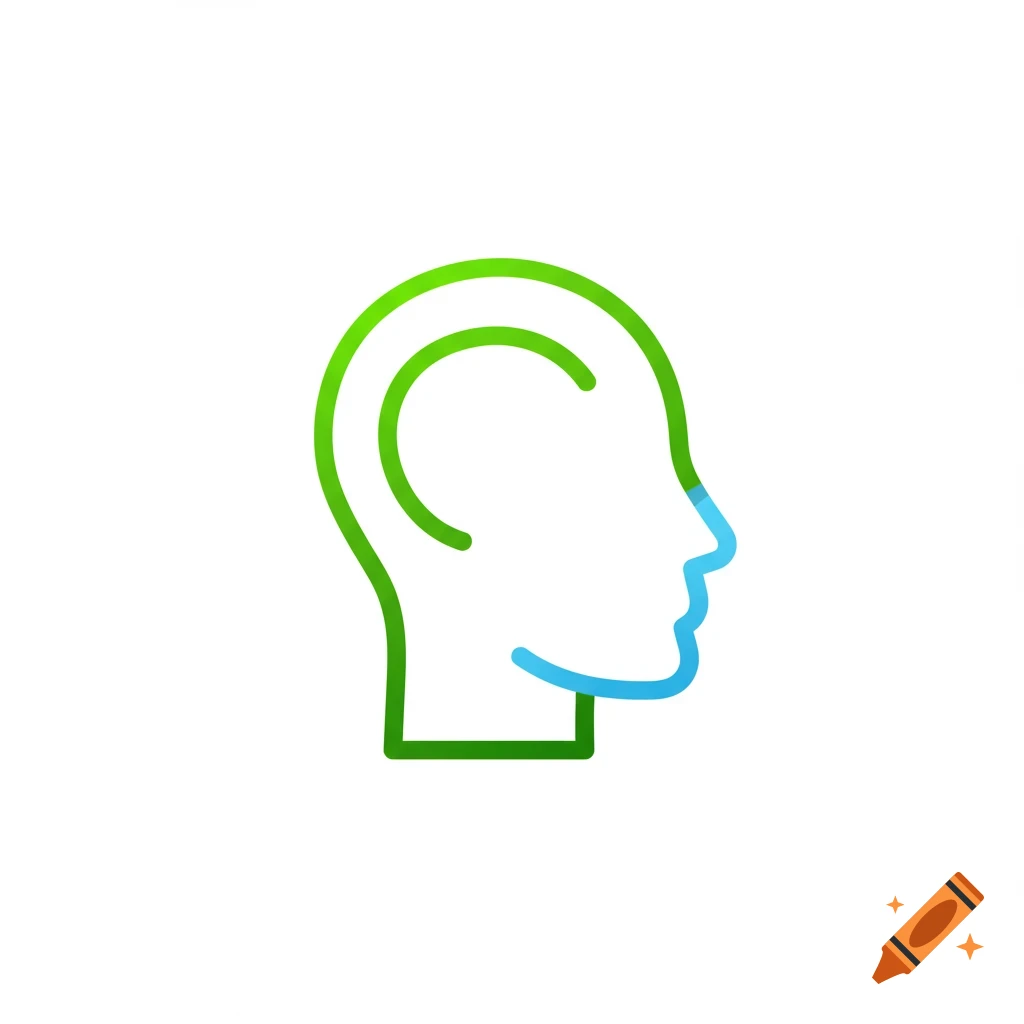 A simplistic line icon of a human head in profile, with a green and blue gradient on a white background.