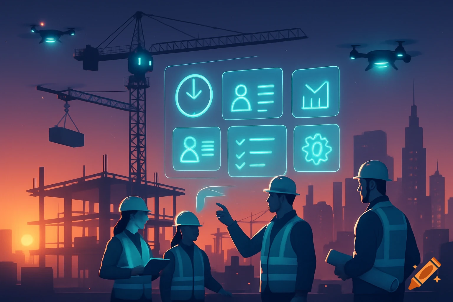 Construction workers at a sunset site with drones and a glowing holographic interface displaying management icons, against a city skyline.