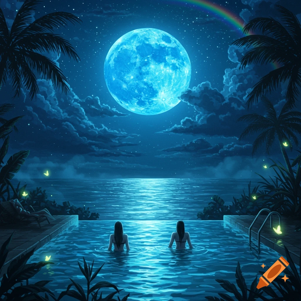 Two women in a pool on a tropical island at night, under a giant blue moon and a rainbow, with glowing butterflies.