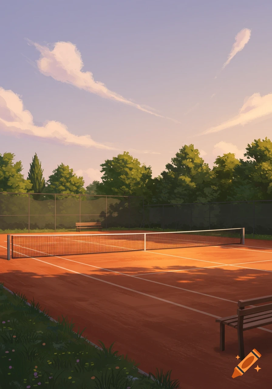 An anime-style illustration of an empty clay tennis court at sunset, with trees and a fence, bathed in warm light.