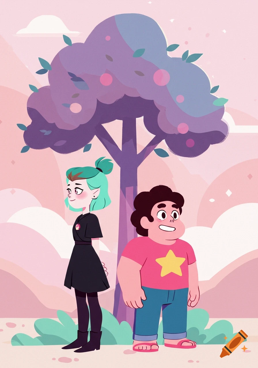 Amity Blight and Steven Universe stand back to back under a large purple tree with pink apples on a light pink background.