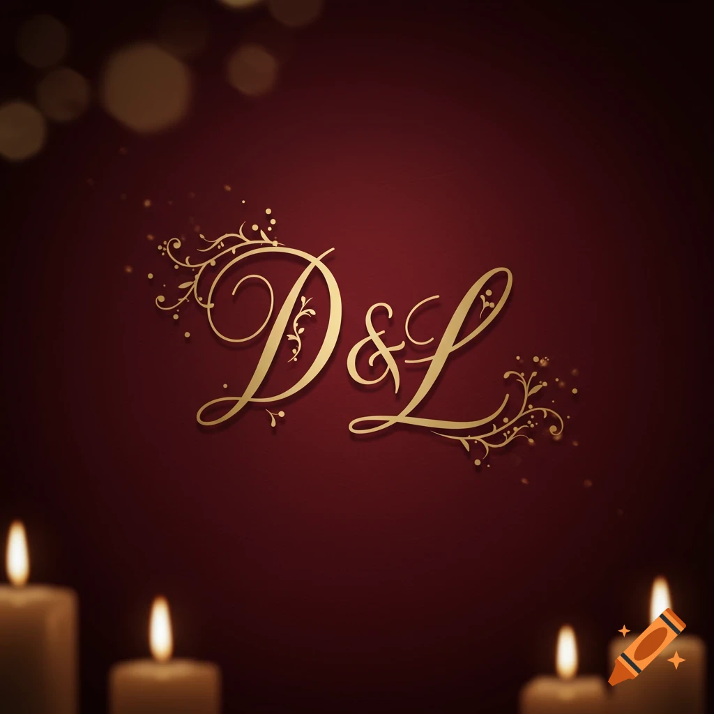 Elegant golden calligraphic initials 'D & L' on a deep red background with blurred candles and bokeh lights.
