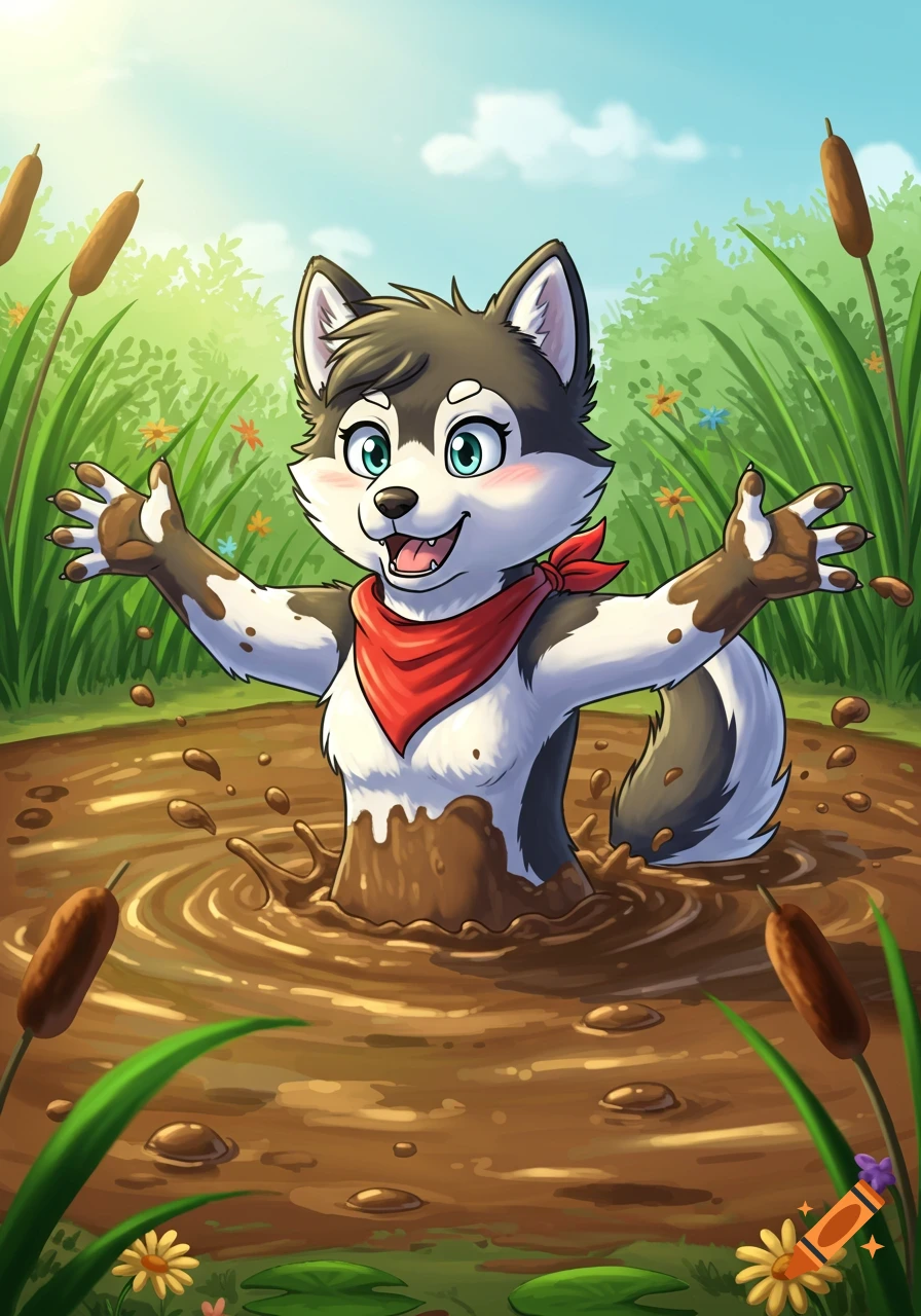 A happy cartoon husky dog girl wearing a red bandana splashes gleefully in a muddy puddle surrounded by green reeds and cattails.