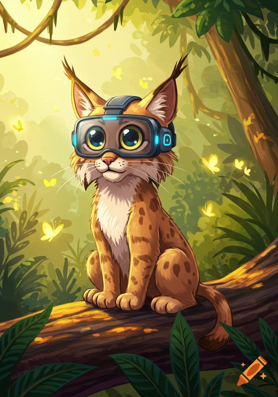 A cartoon bobcat with a VR headset sits on a log in a lush jungle with glowing butterflies.
