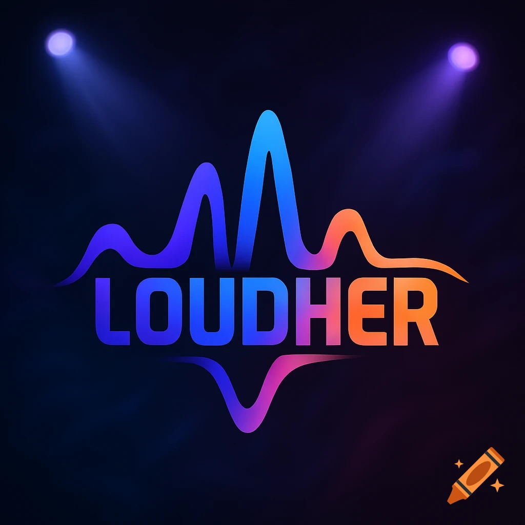 A vibrant gradient logo with the word 'LOUDHER' and a stylized sound wave, illuminated by spotlights on a dark background.