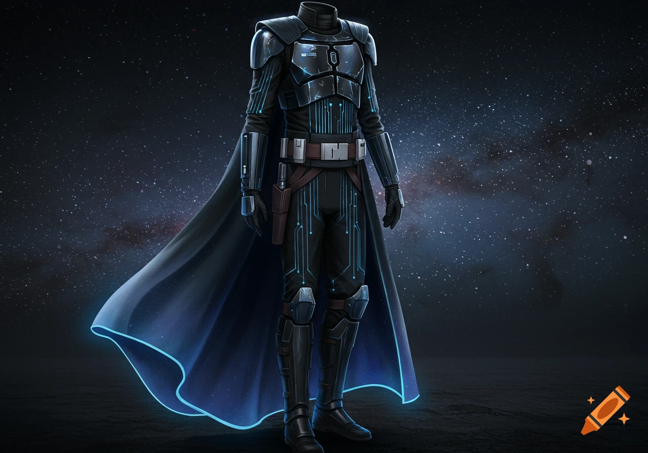 A dark, headless sci-fi armor suit with glowing blue circuitry lines and a flowing cape stands against a starry cosmic background.