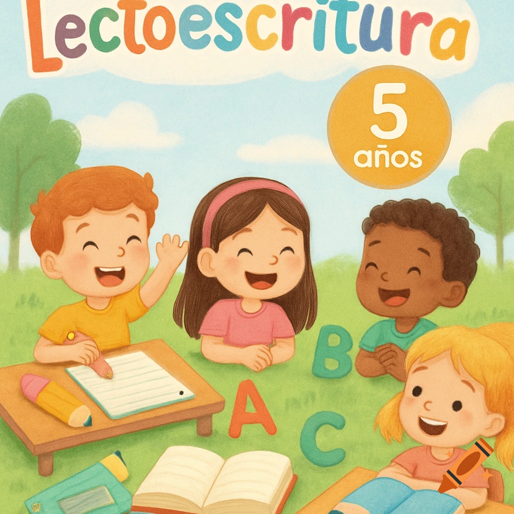 Bright cartoon illustration of four happy children in a park. Text reads "Lectoescritura 5 años" with ABC letters, books, and pencils.