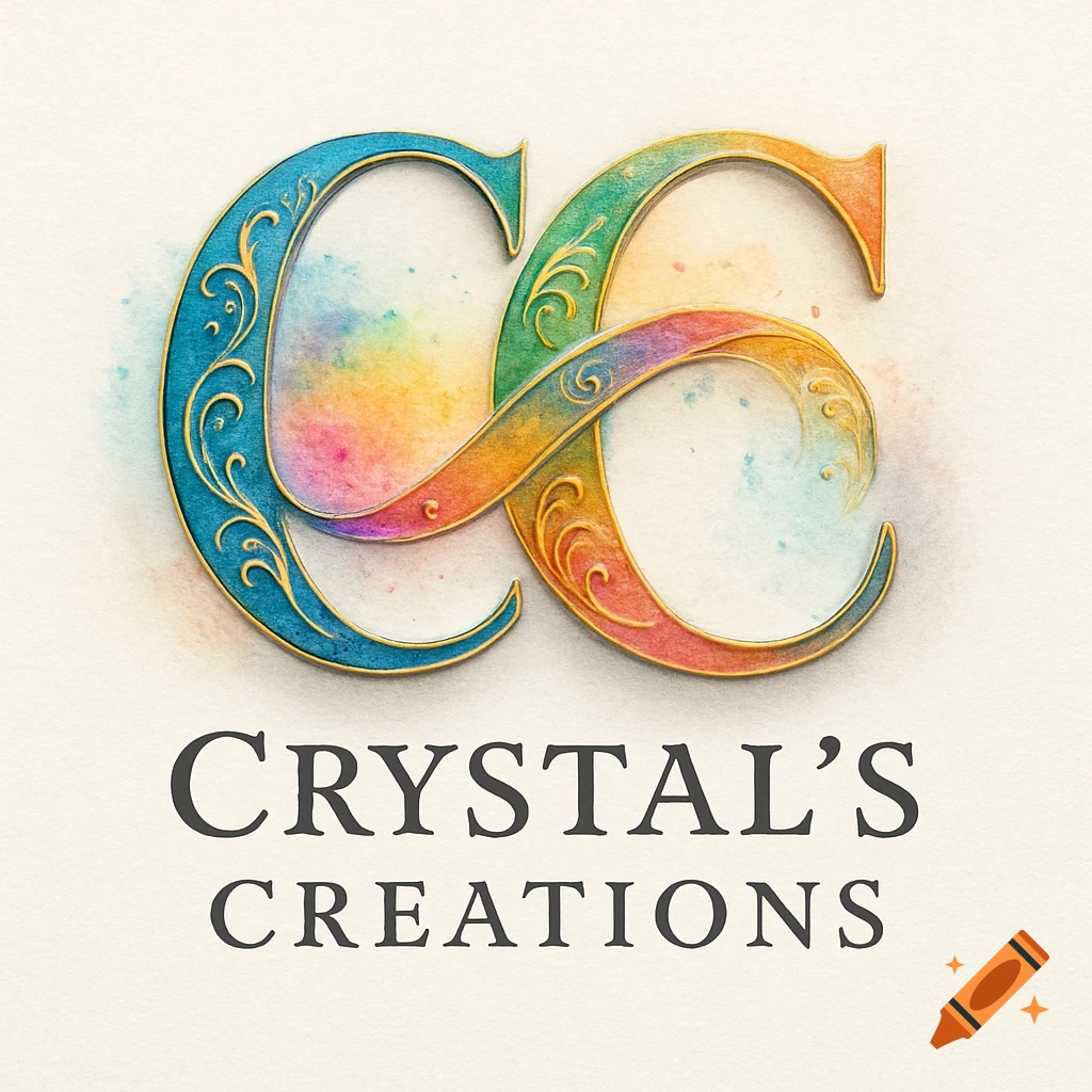 Logo featuring two intertwined, ornate, rainbow watercolor 'C's with gold trim, above 'Crystal's Creations' text.