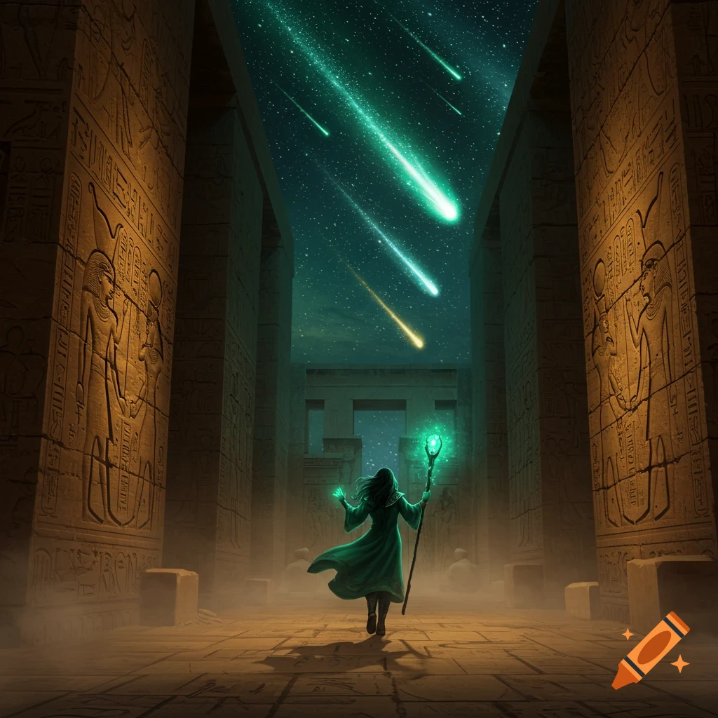 A mystical figure with a glowing staff walks through an ancient Egyptian temple as green meteors fall from a starry night sky.