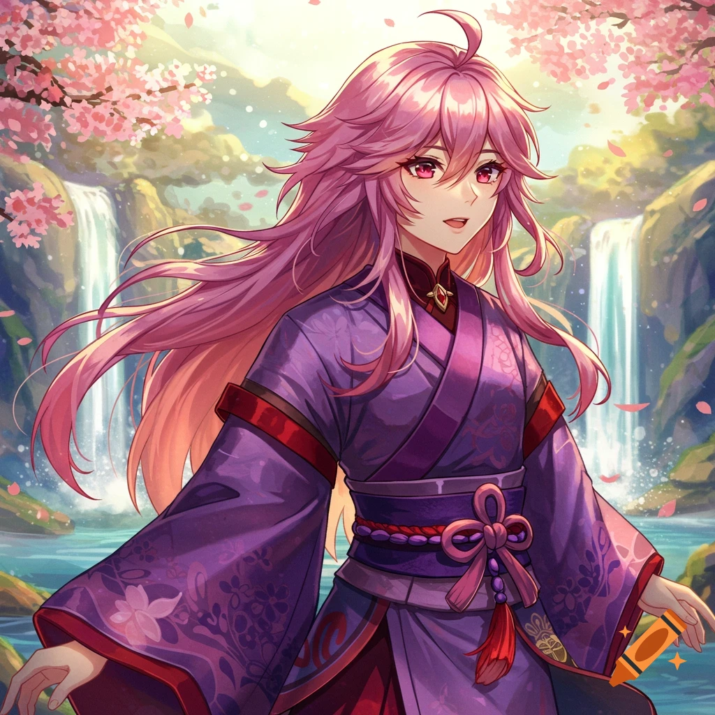 Anime character with flowing pink hair in a purple kimono amidst cherry blossoms and waterfalls.