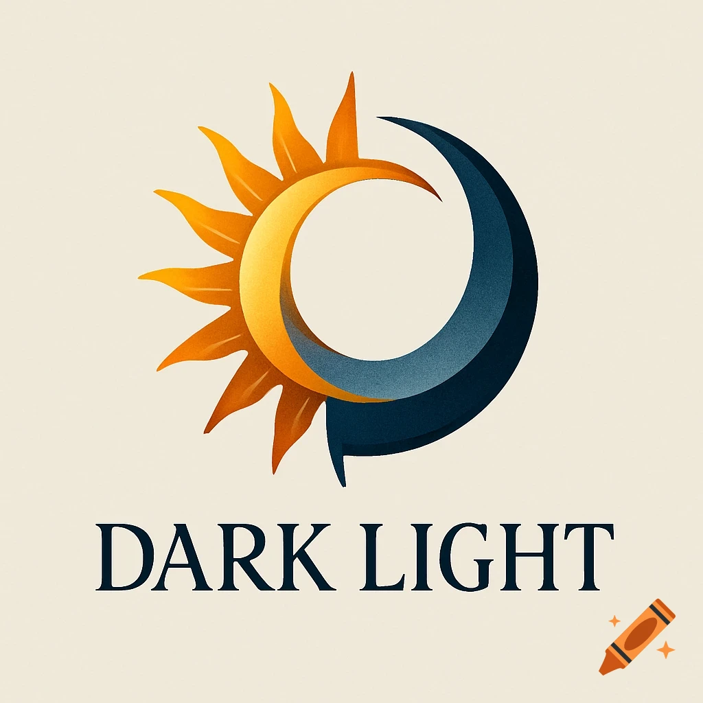 A logo featuring an intertwined orange sun with rays and a dark blue crescent moon above the text "DARK LIGHT" on a cream background.