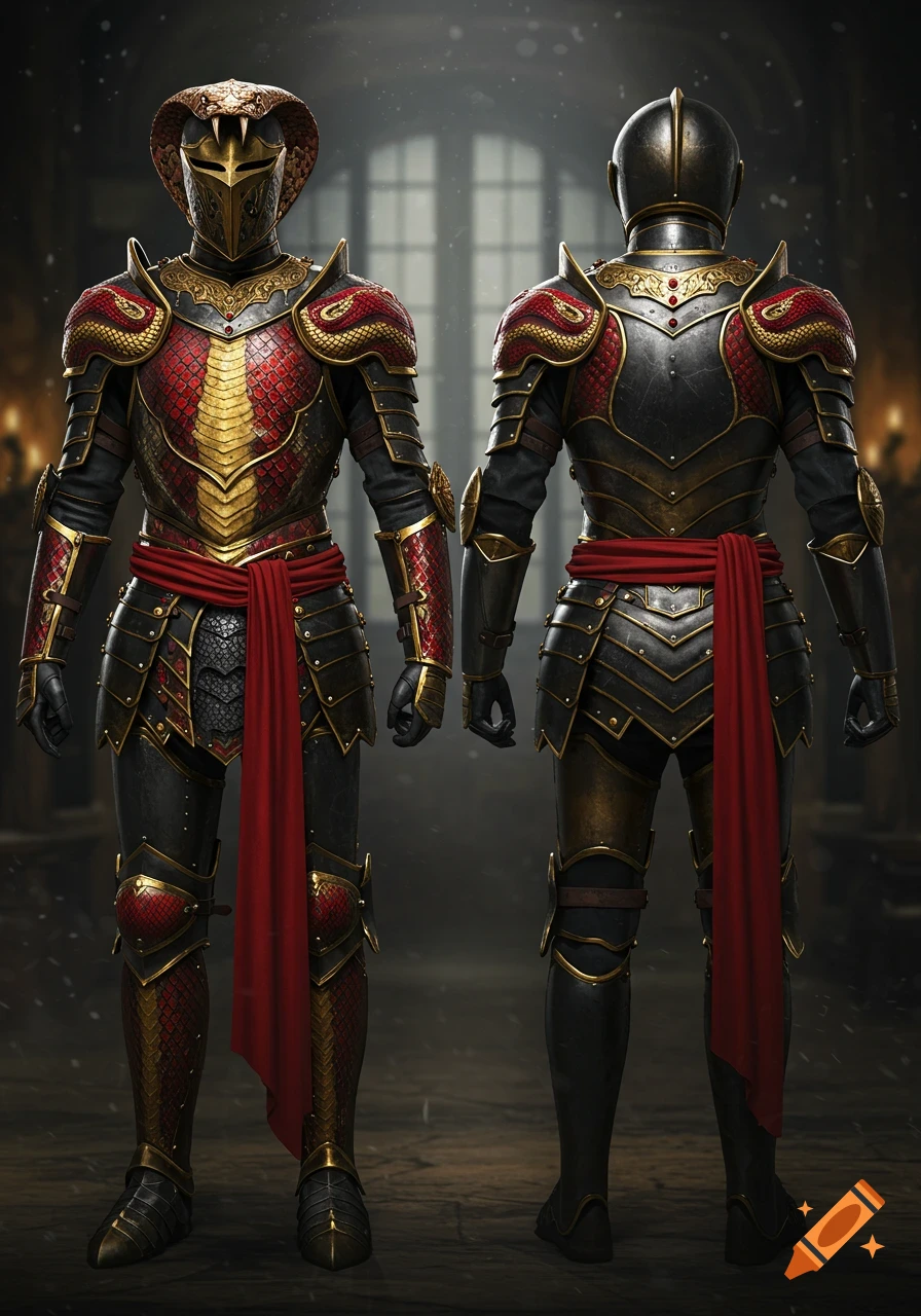 Two full suits of red, gold, and black cobra-inspired medieval armor, one facing front and one facing back, in a dimly lit hall.