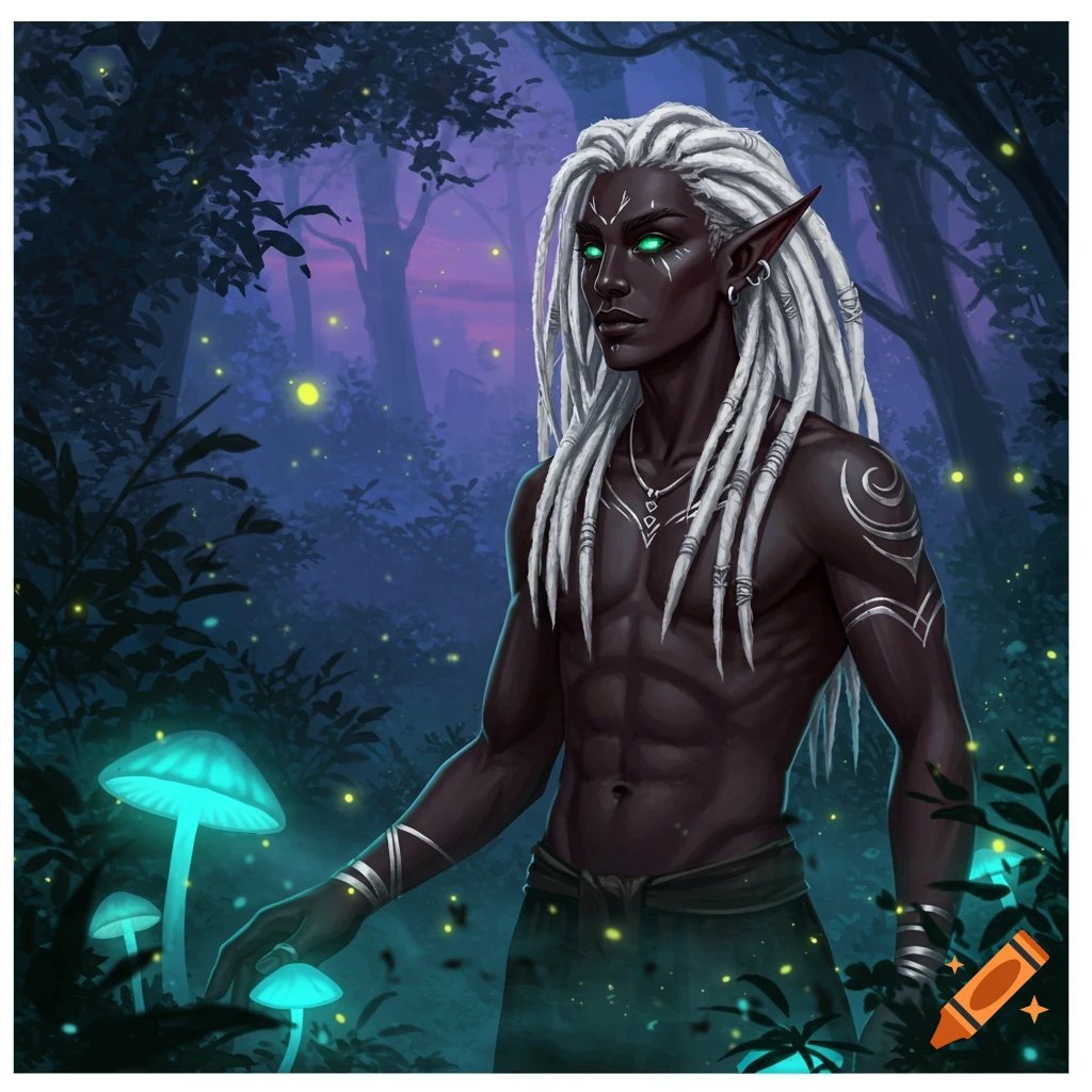 A dark-skinned male elf with white dreadlocks, glowing green eyes, and tribal markings stands shirtless in a magical forest with glowing mushrooms, digital painting.