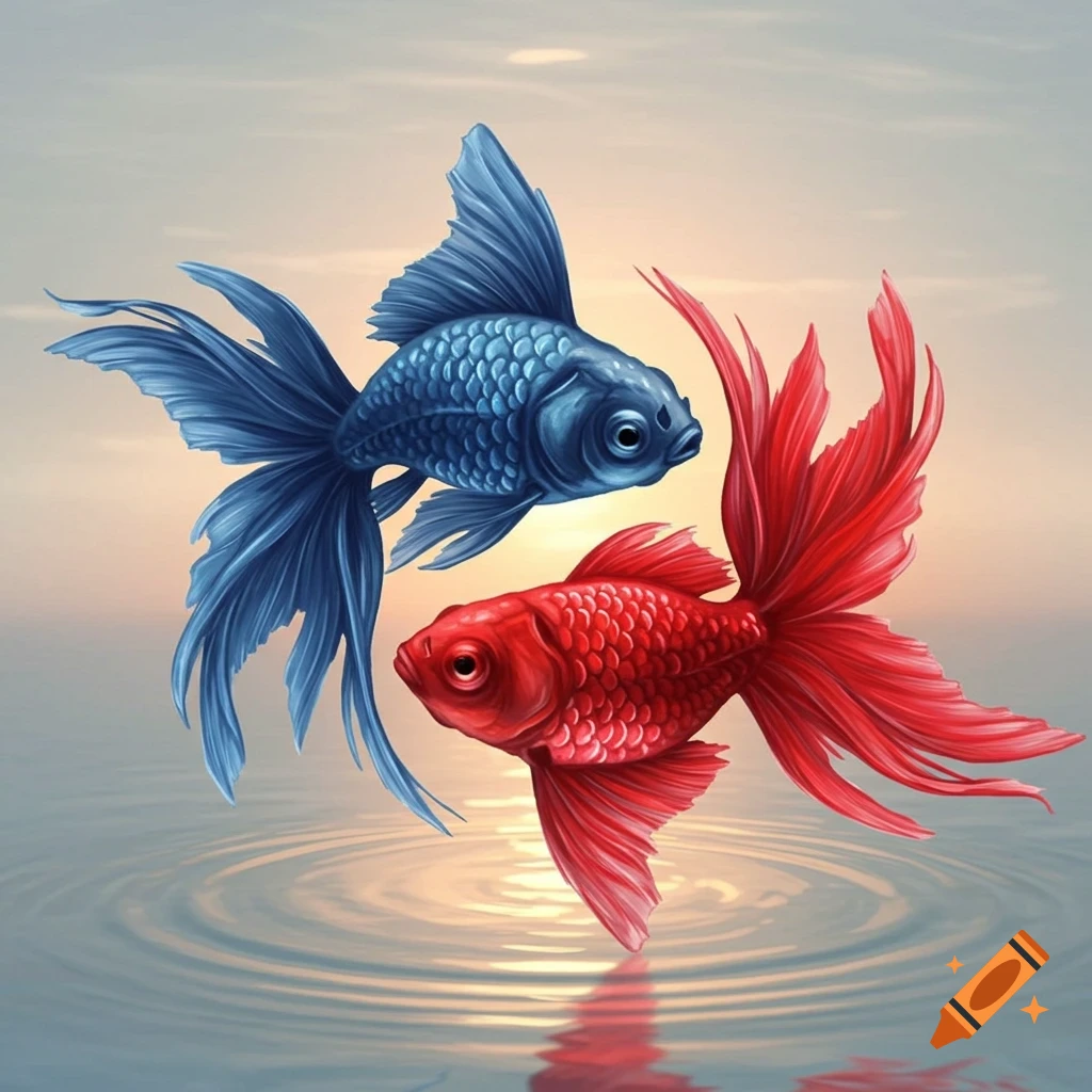 A stylized illustration of a blue goldfish and a red goldfish arranged in a yin-yang symbol over water with a soft sky.