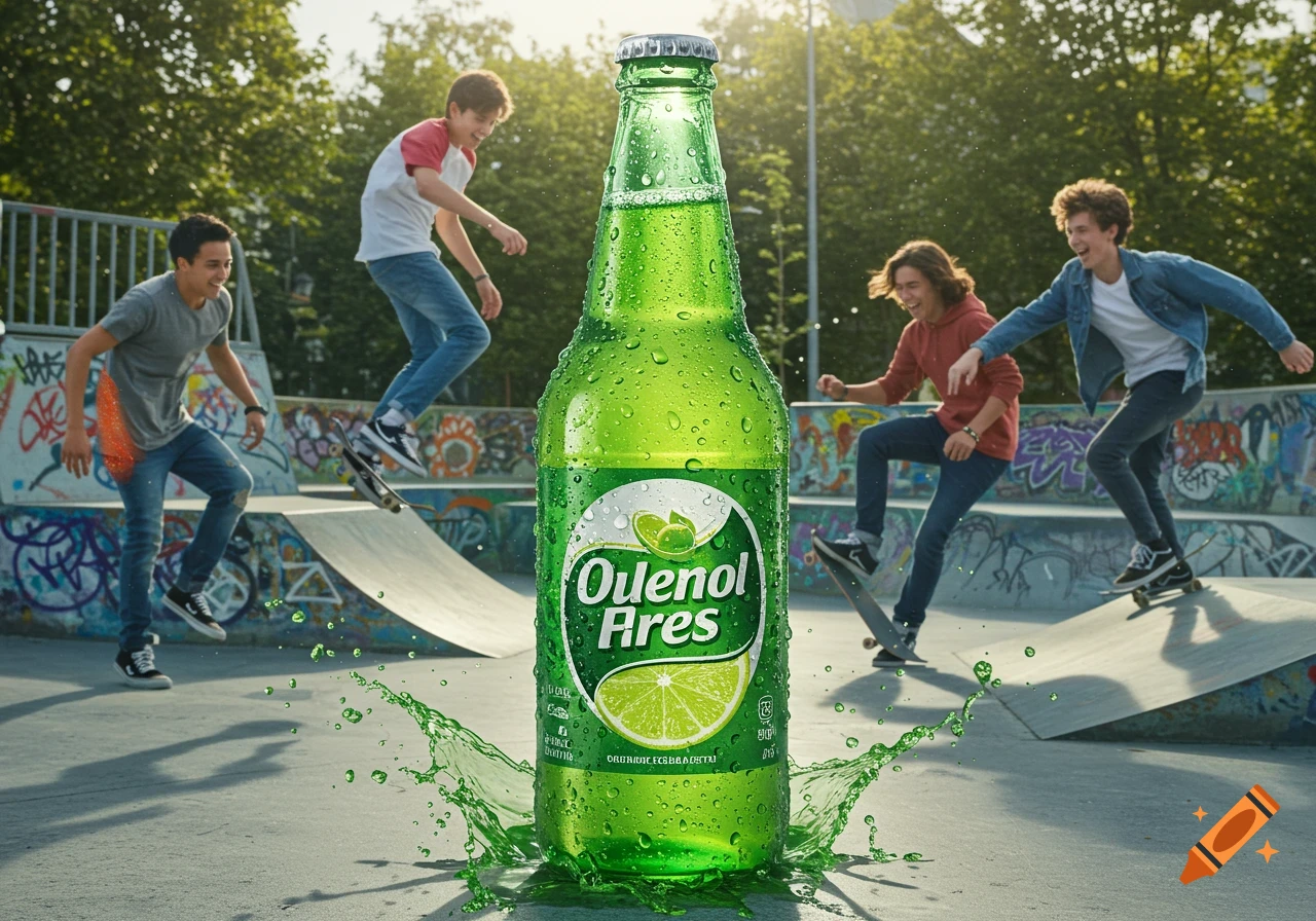 A photorealistic image of a green beverage bottle splashing in a skatepark with four male teenagers skateboarding around it.