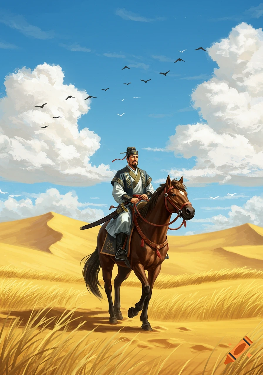 An East Asian man on horseback rides through a golden desert under a blue sky with clouds and birds, illustration.