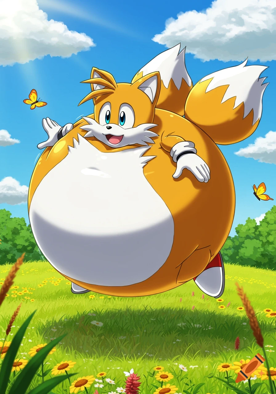 A cartoon image of an inflated Miles 'Tails' Prower from Sonic, floating in a green field with butterflies and a blue sky.