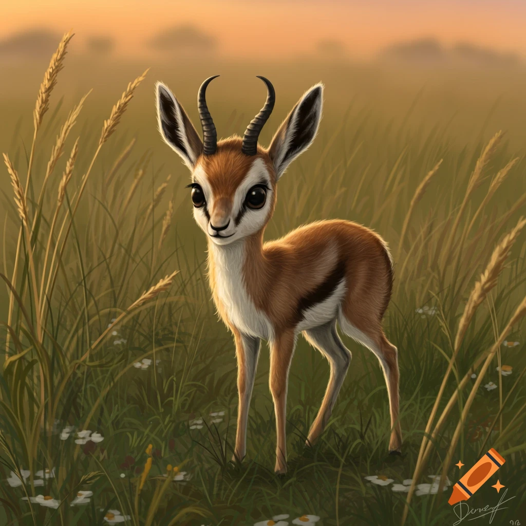 Cute cartoon springbok with big eyes stands in a grassy field with small flowers at sunset.