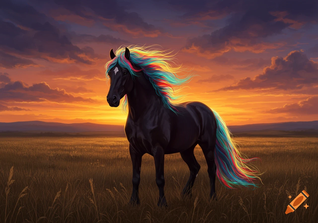 A majestic black horse with a flowing multi-colored mane and tail stands in a golden field at sunset.