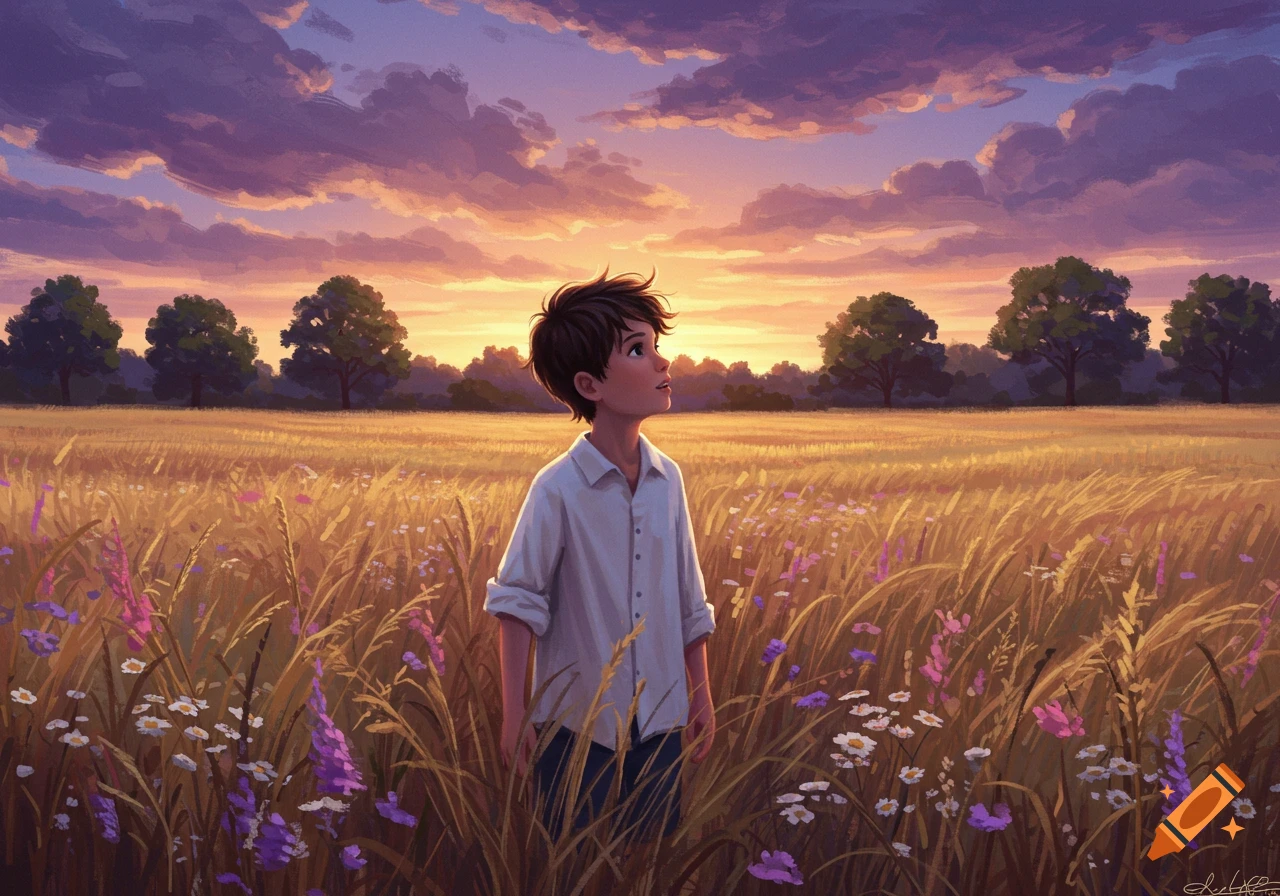 A boy in a white shirt stands in a golden field with wildflowers, looking up at a vibrant purple and orange sunset sky. Digital illustration.