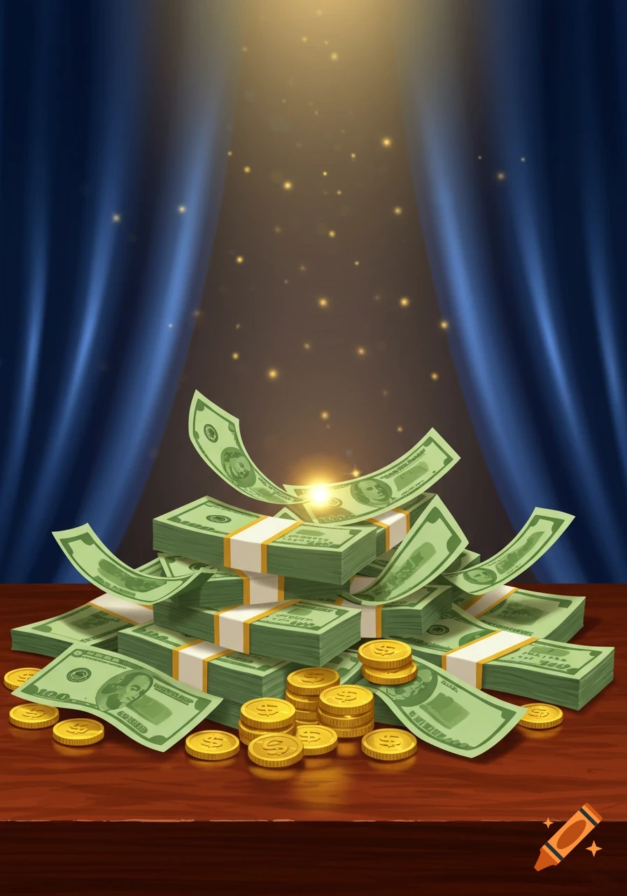 A large pile of green banknotes and gold coins on a wooden table under a spotlight, with blue curtains in the background, in an illustrative style.