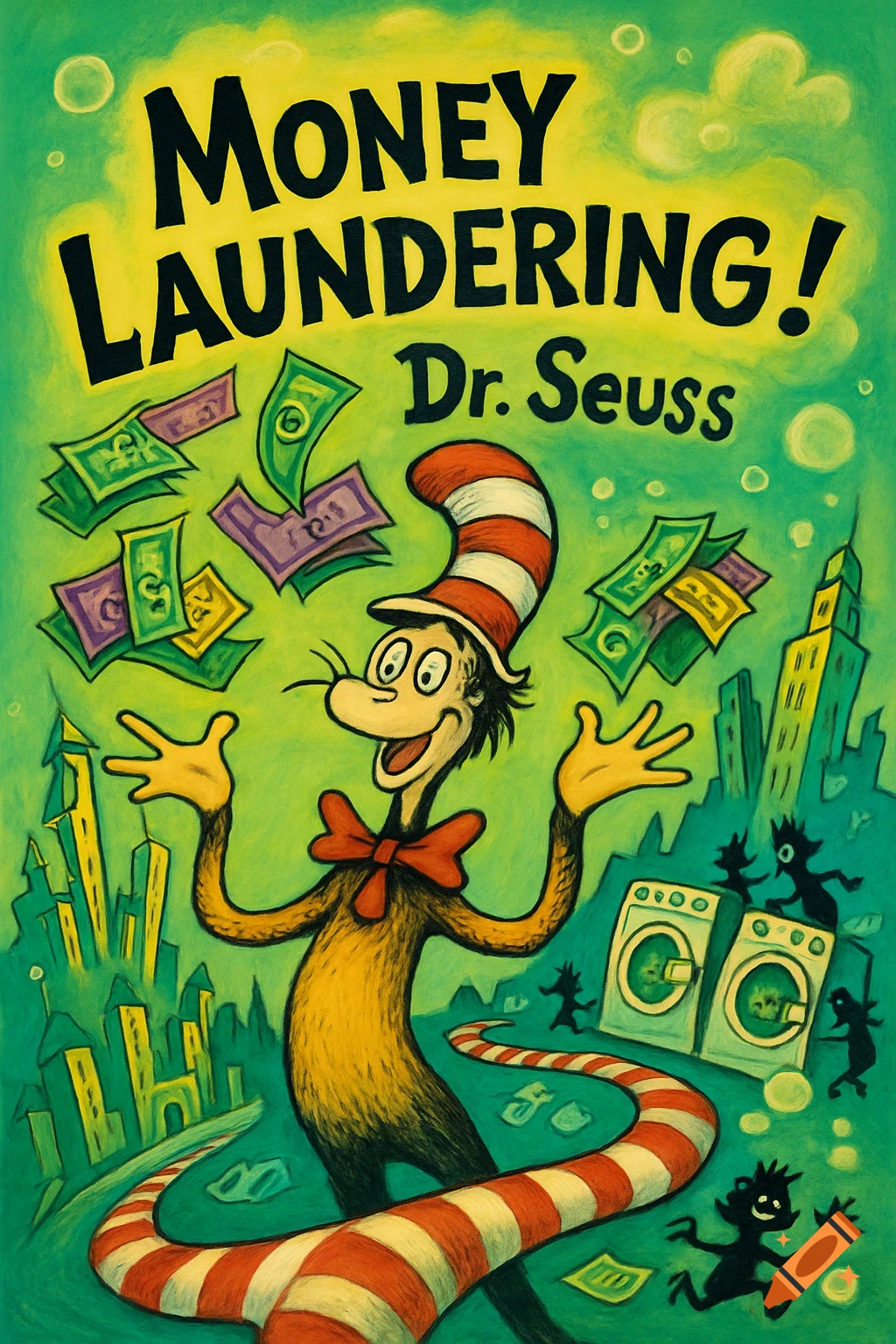 Dr. Seuss-style book cover 'MONEY LAUNDERING!' with the Cat in the Hat, flying money, buildings, and washing machines.