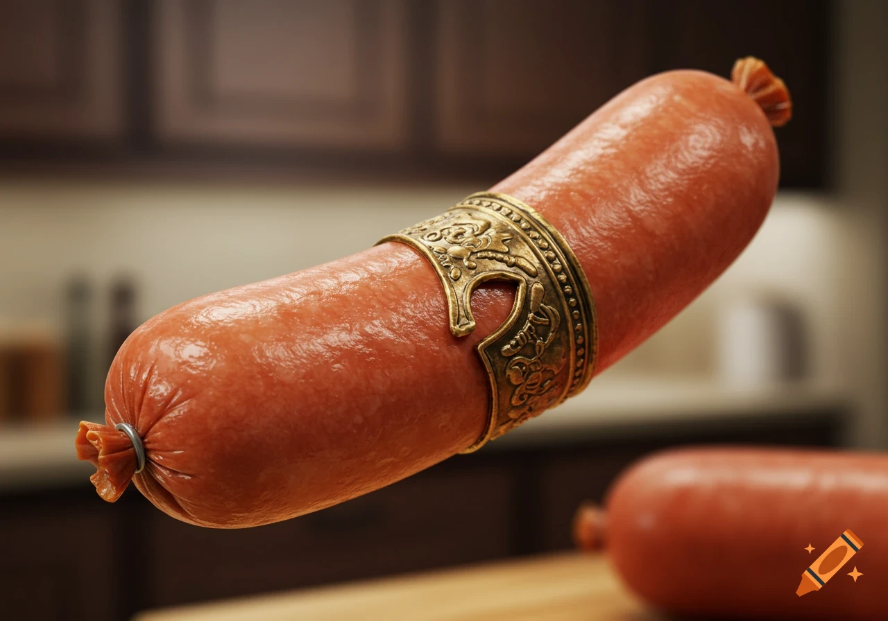 A photorealistic image of a large sausage wearing a golden decorative helmet-like band, floating in a kitchen.