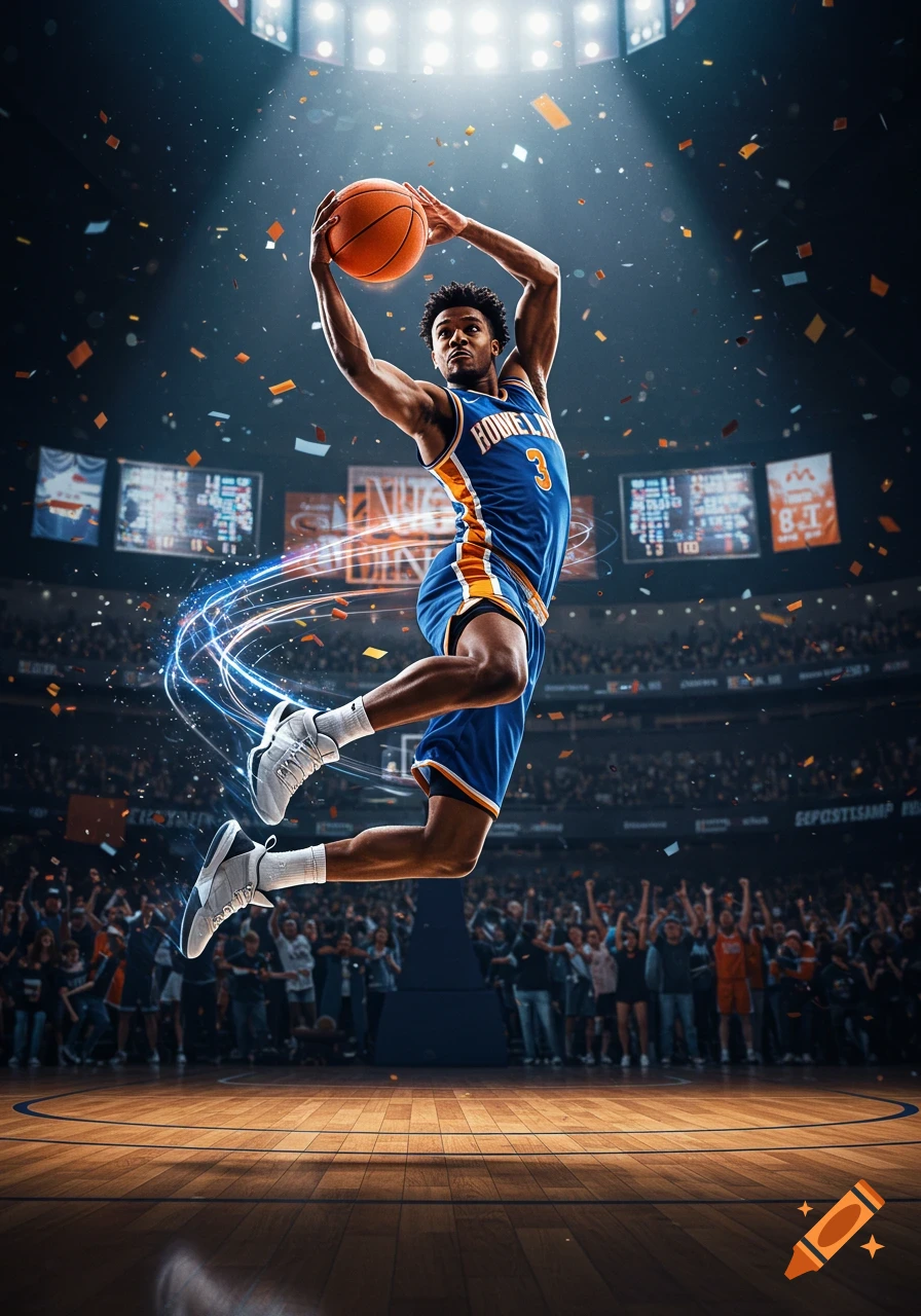 A male basketball player in a blue and orange jersey dunks a basketball mid-air in a brightly lit stadium with confetti.