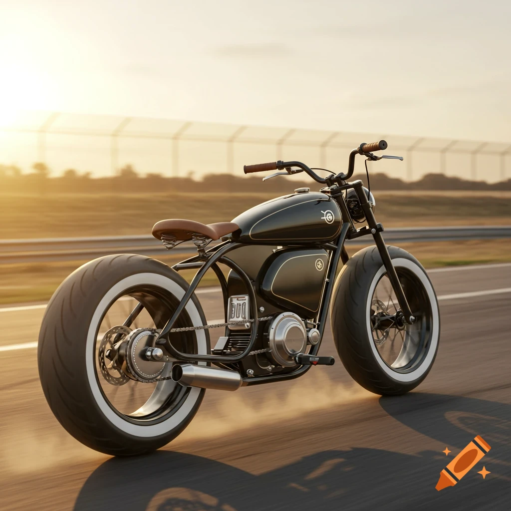 A black ebike with white-sidewall tires, styled like a 1920s board track racer, drives on a road at sunset.