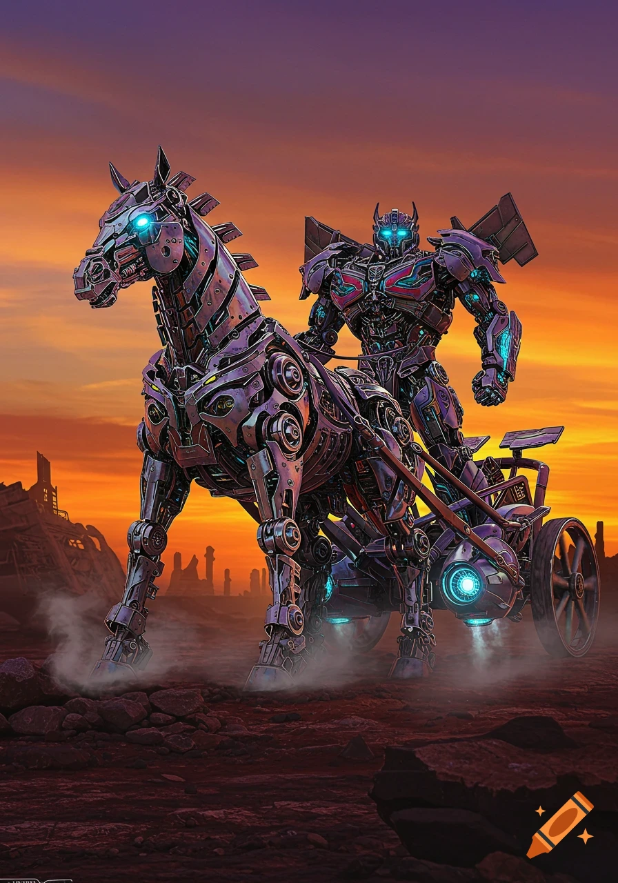 A dark purple and blue Transformers-style robot rides a powerful robot horse pulling a chariot across a desolate, rocky landscape under an orange and purple sunset.