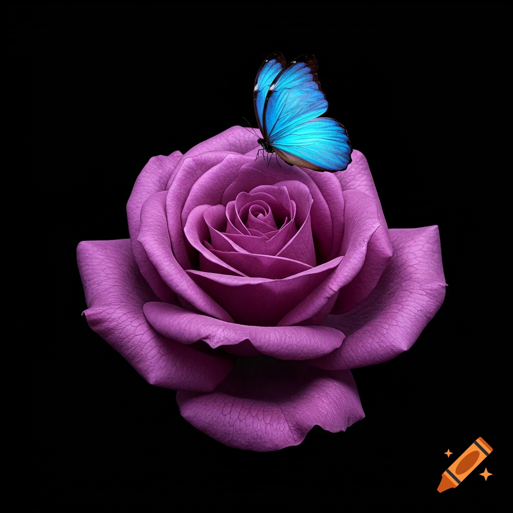 A vibrant blue butterfly rests on a delicate purple rose against a black background.