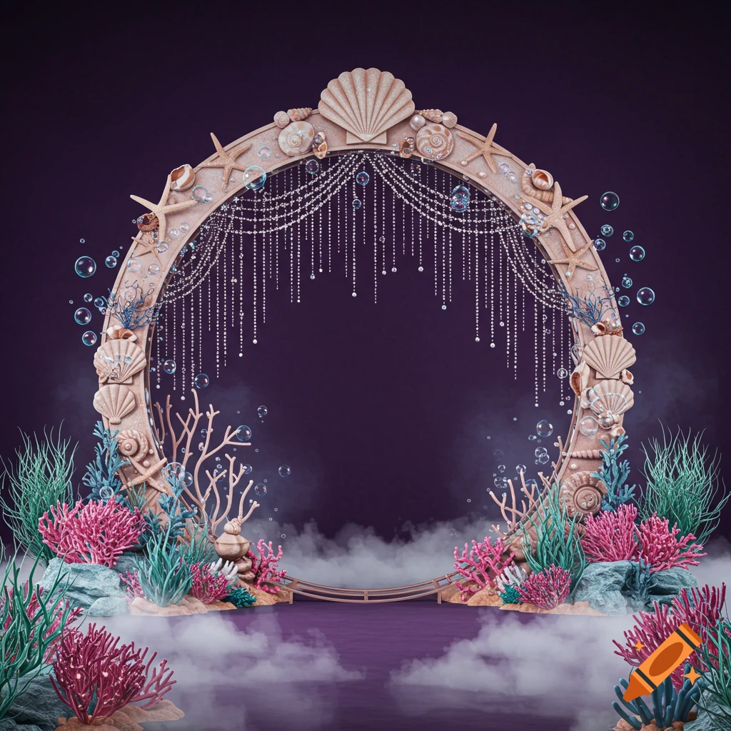A mermaid-themed round arch decorated with shells, starfish, sparkling strands, colorful coral, and bubbles against a purple background.